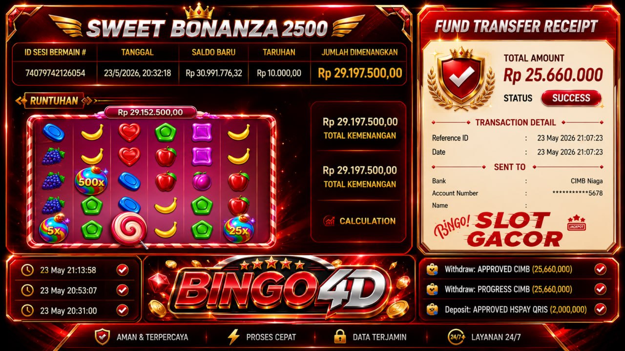 SELAMAT KEPADA MEMBER BINGO4D
DEPOSIT : RP 𝟮.𝟬𝟬𝟬.𝟬𝟬𝟬
WITHDRAW : RP 𝟮𝟱.𝟲𝟲𝟬.𝟬𝟬𝟬
LI