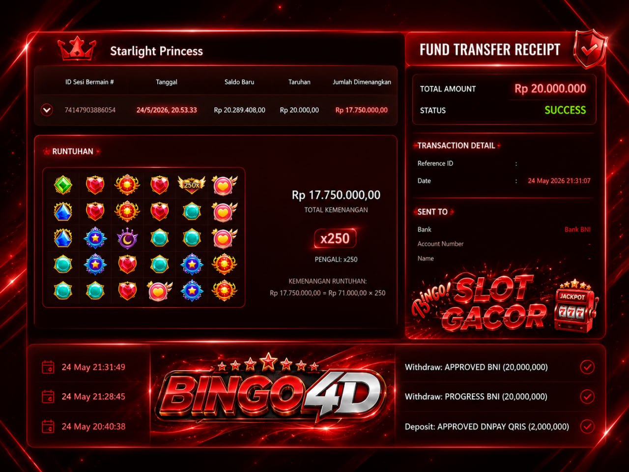 SELAMAT KEPADA MEMBER BINGO4D
DEPOSIT : RP 𝟮.𝟬𝟬𝟬.𝟬𝟬𝟬
WITHDRAW : RP 𝟮𝟬.𝟬𝟬𝟬.𝟬𝟬𝟬
LI