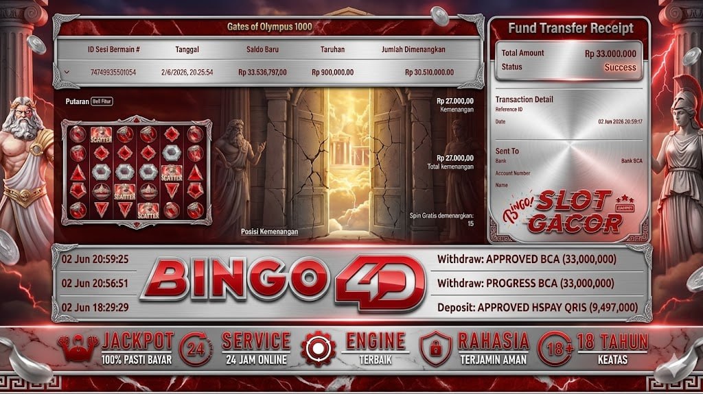 SELAMAT KEPADA MEMBER BINGO4D
DEPOSIT : RP 9.497.000
WITHDRAW : RP 33.000.000
LI