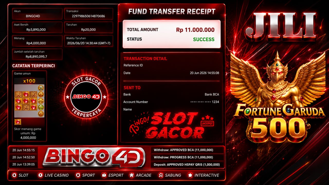 🔥 SELAMAT KEPADA MEMBER BINGO4D 🔥
DEPOSIT : RP 1.000.000
WITHDRAW : RP 11.000.00