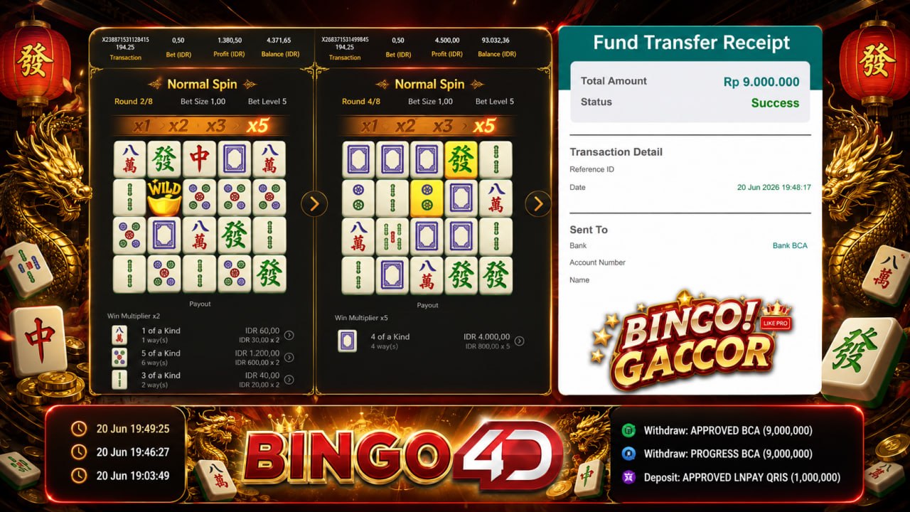 🔥 SELAMAT KEPADA MEMBER BINGO4D 🔥
DEPOSIT : RP 1.000.000
WITHDRAW : RP 9.000.000