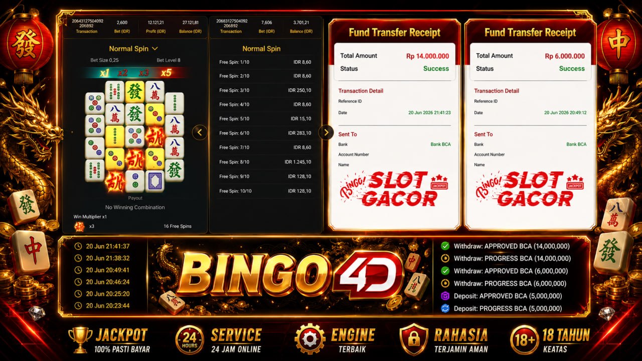 🔥 SELAMAT KEPADA MEMBER BINGO4D 🔥
DEPOSIT : RP 5.000.000
WITHDRAW : RP 20.000.00