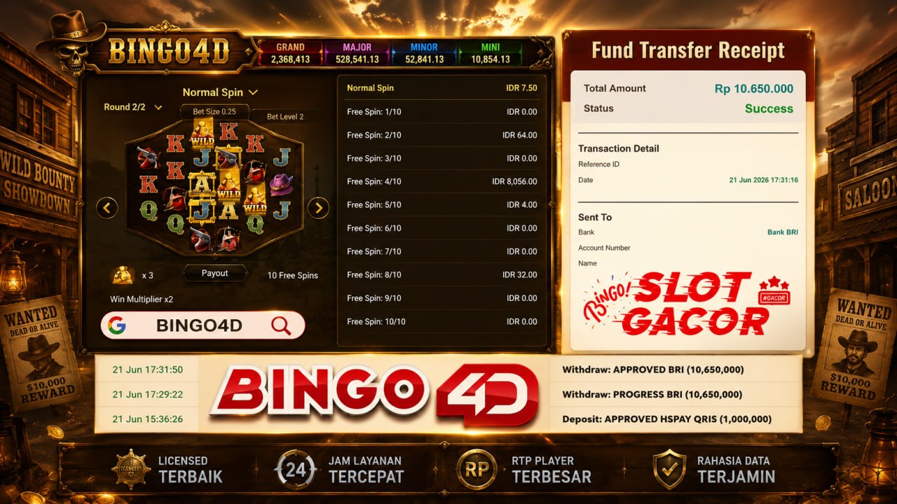 SELAMAT KEPADA MEMBER BINGO4D
DEPOSIT : RP 1.000.000
WITHDRAW : RP 10.650.000
LI