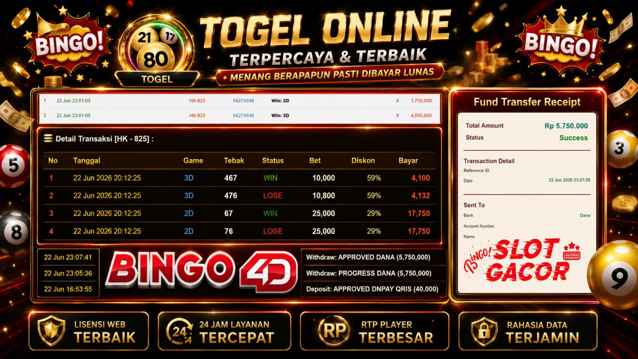 SELAMAT KEPADA MEMBER BINGO4D
DEPOSIT : RP 40.000
WITHDRAW : RP 5.750.000
LINK D