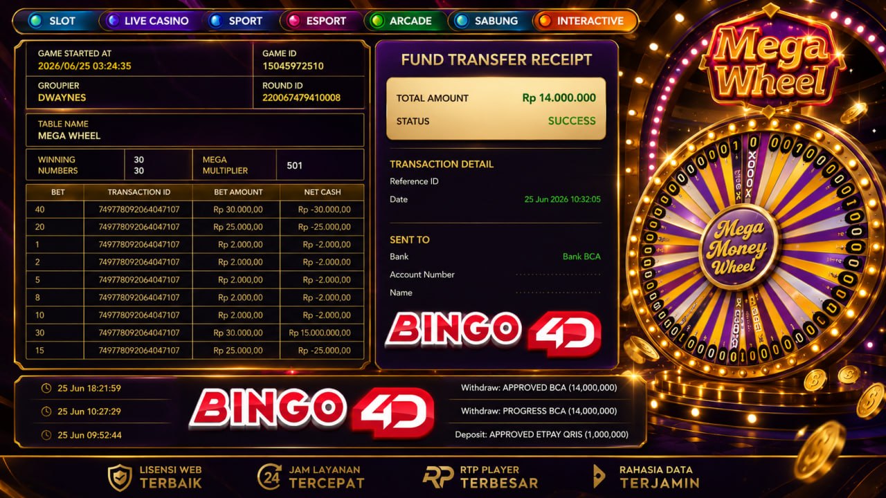 SELAMAT KEPADA MEMBER BINGO4D
DEPOSIT : RP 1.000.000
WITHDRAW : RP 14.000.000
LI