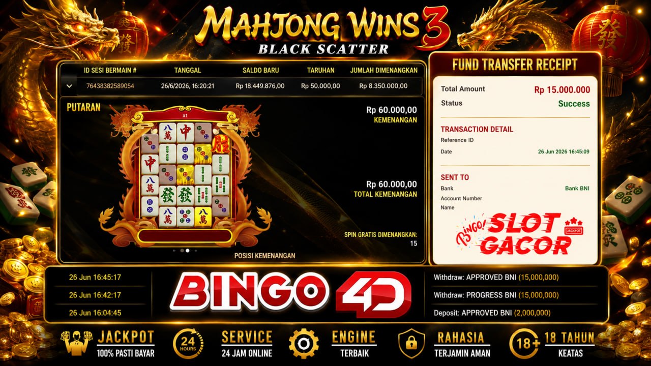 SELAMAT KEPADA MEMBER BINGO4D
DEPOSIT : RP 2.000.000
WITHDRAW : RP 15.000.000
LI
