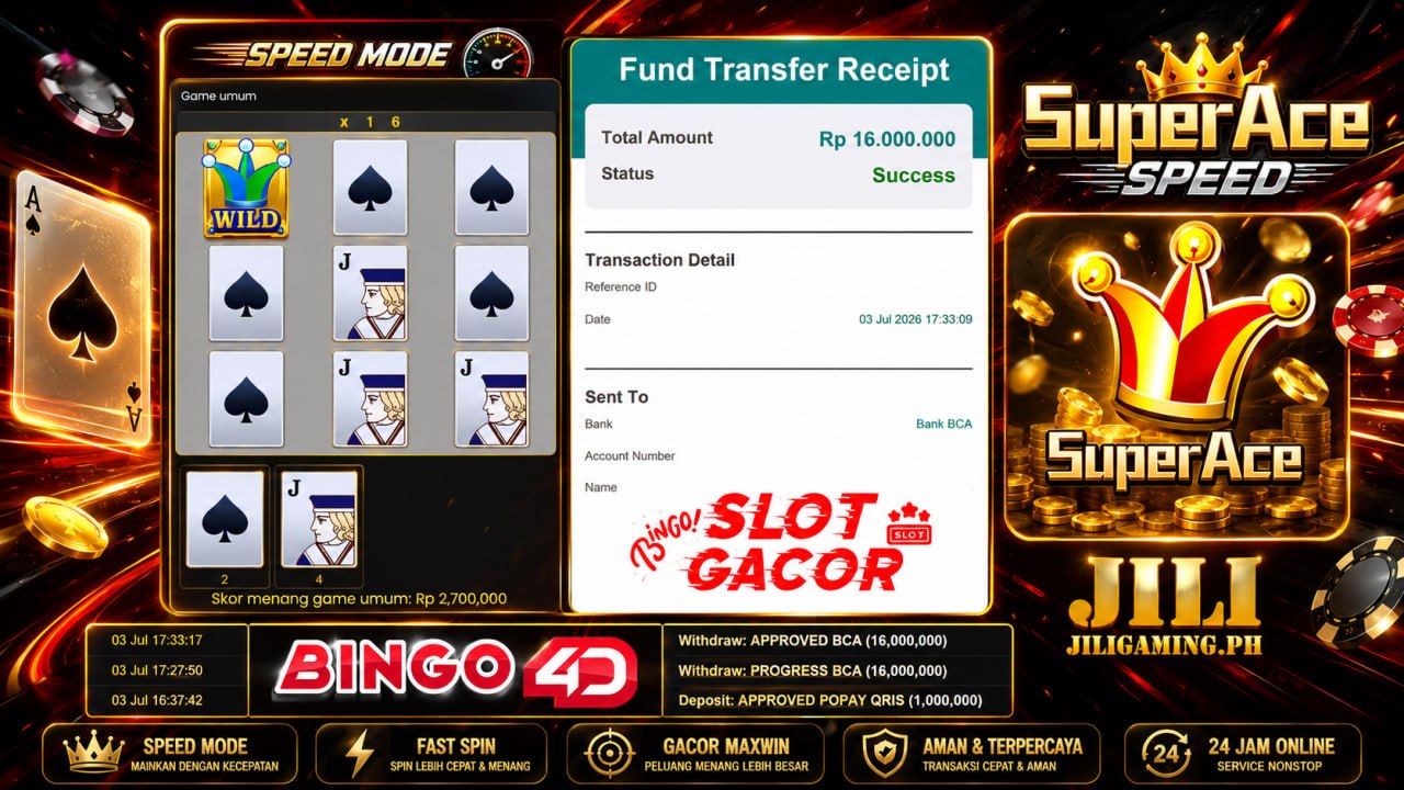 SUPER ACE SPEED GACOR BINGO4D
DEPOSIT : RP 1.000.000
WITHDRAW : RP 𝟭6.00.000
LIN