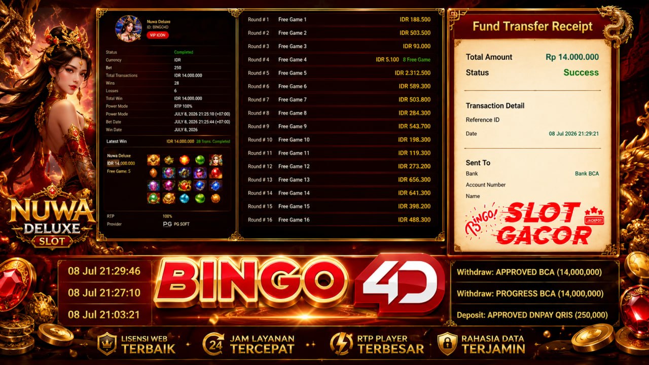 🔥 GACOR BINGO4D 🔥
DEPOSIT : RP 250.000
WITHDRAW : RP 14.000.000
LINK DAFTAR: htt