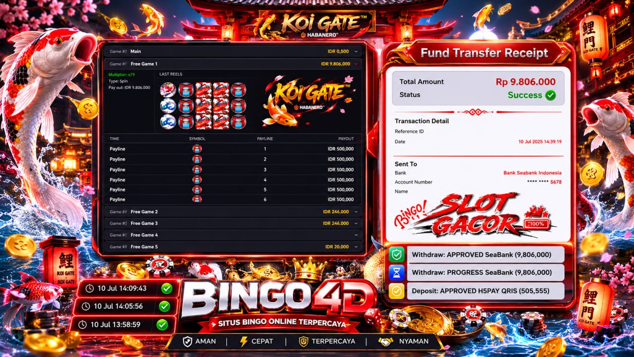 🔥 KOI GATE GACOR BINGO4D 🔥
DEPOSIT : RP 505.555
WITHDRAW : RP 9.806.000
LINK DAF