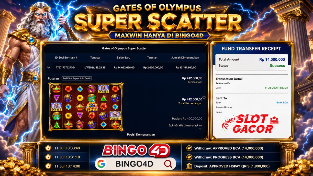 🔥 SUPER SCATTER GACOR BINGO4D 🔥
DEPOSIT : RP 1.900.000
WITHDRAW : RP 14.000.000
