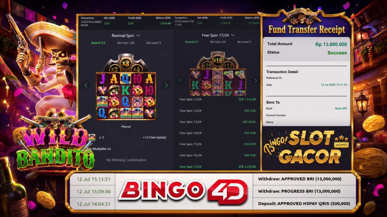 🔥 WILD BANDITO GACOR BINGO4D 🔥
DEPOSIT : RP 300.000
WITHDRAW : RP 13.000.000
LIN