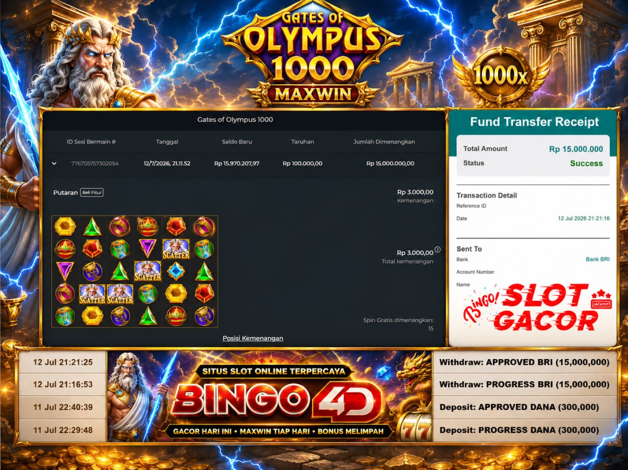 🔥 ZEUS 1000X MAXWIN GACOR BINGO4D 🔥
DEPOSIT : RP 300.000
WITHDRAW : RP 15.000.00