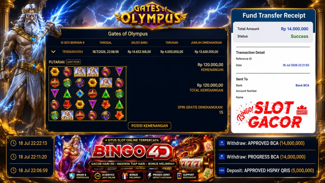 🔥 ZEUS GACOR BINGO4D 🔥
DEPOSIT : RP 5.000.000
WITHDRAW : RP 14.000.000
LINK DAFT