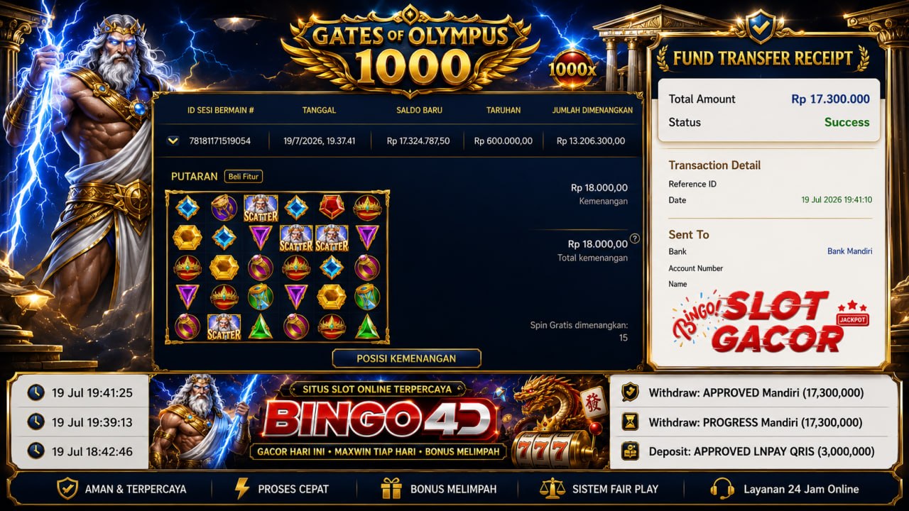 🔥 ZEUS GACOR BINGO4D 🔥
DEPOSIT : RP 3.000.000
WITHDRAW : RP 17.300.000
LINK DAFT