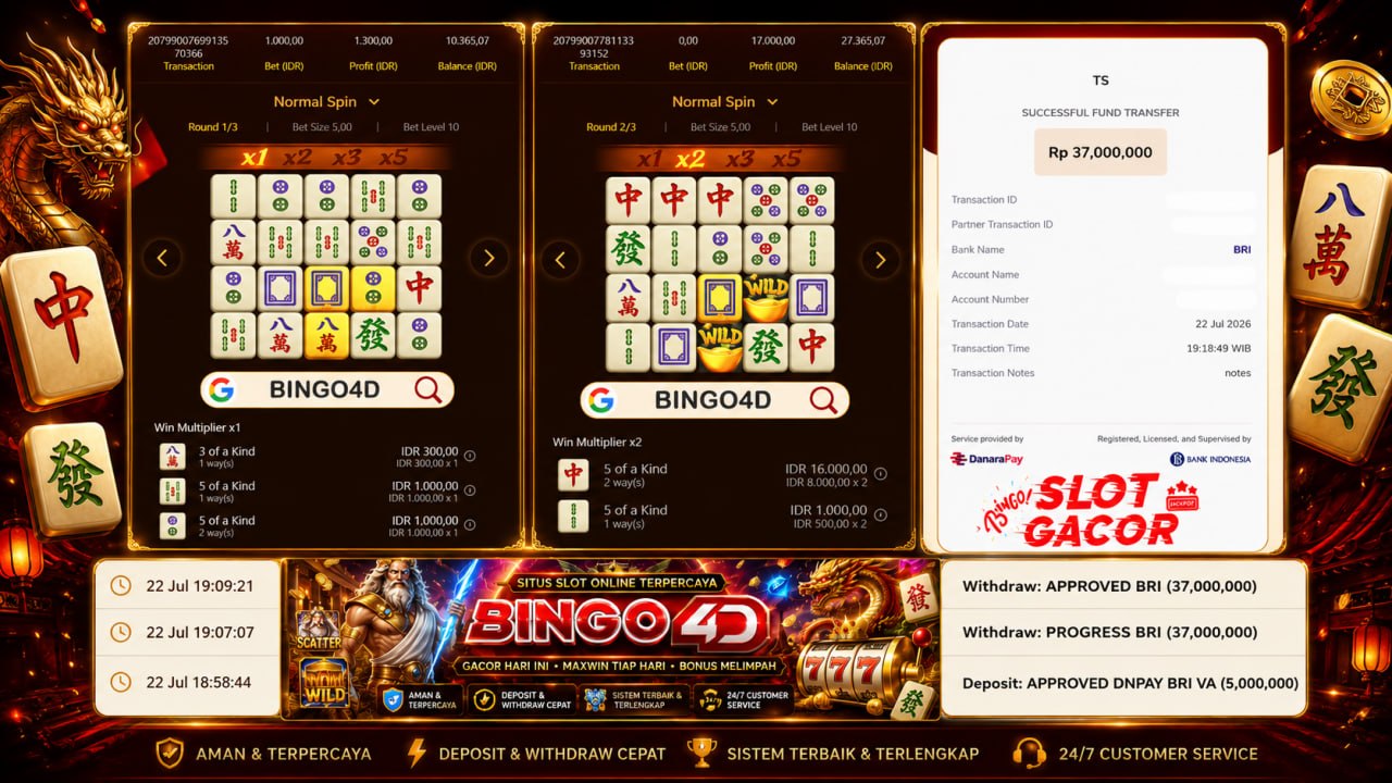 🔥 MAHJONG GACOR BINGO4D 🔥
DEPOSIT : RP 5.000.000
WITHDRAW : RP 37.000.000
LINK D