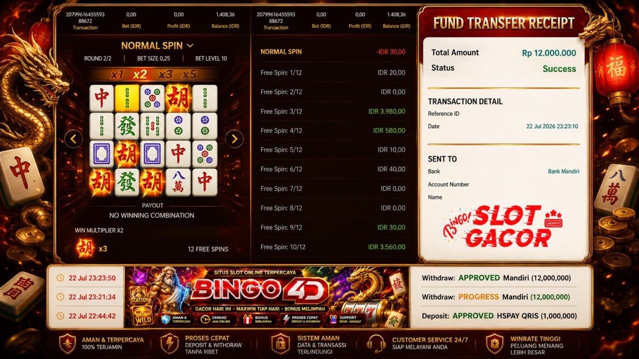 🔥 MAHJONG GACOR BINGO4D 🔥
DEPOSIT : RP 1.000.000
WITHDRAW : RP 12.000.000
LINK D