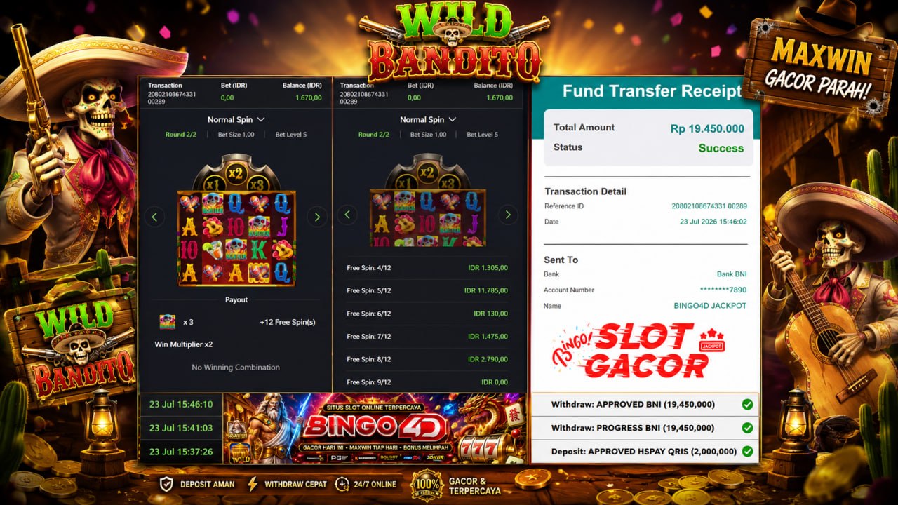 🔥 WILD BANDITO GACOR BINGO4D 🔥
DEPOSIT : RP 2.000.000
WITHDRAW : RP 19.450.000
L