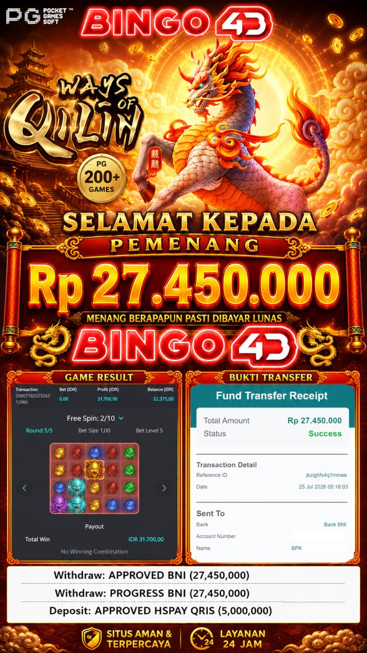 MENYALAH BINGO4D 🔥🔥🔥🔥
DEPOSIT : RP 5,000,000
WITHDRAW : RP 27,450,000
LINK DAFTA