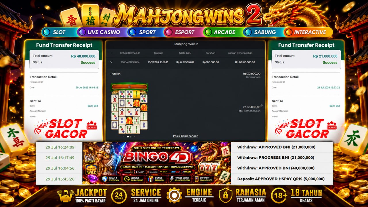 🔥 MAHJONG WINS 2 GACOR BINGO4D 🔥
DEPOSIT : RP 5.000.000
WITHDRAW : RP 61.000.000