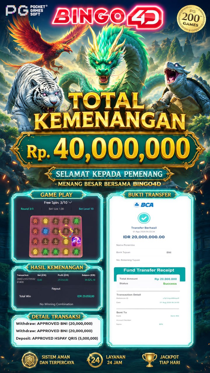 MENYALAH BINGO4D 🔥🔥🔥
DEPOSIT : RP 5,000,000
WITHDRAW : RP 40,000,000
LINK DAFTAR