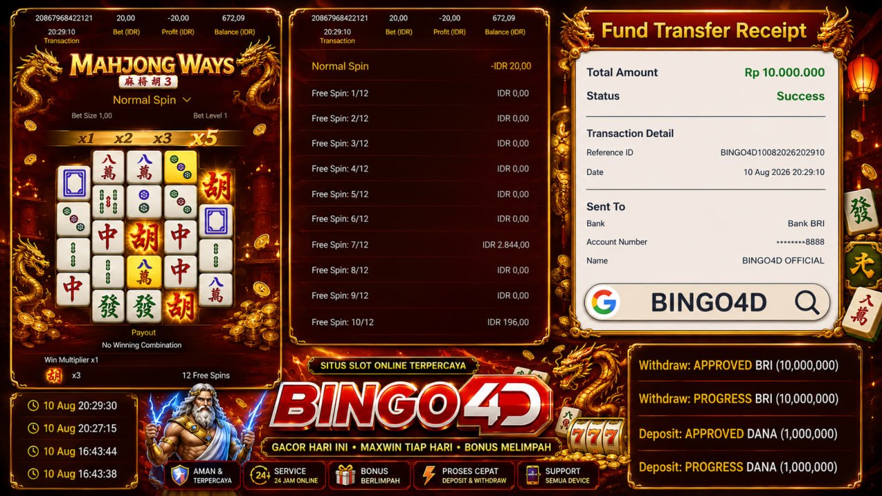 🔥 MAHJONG GACOR BINGO4D 🔥
DEPOSIT : RP 1.000.000
WITHDRAW : RP 10.000.000
LINK D