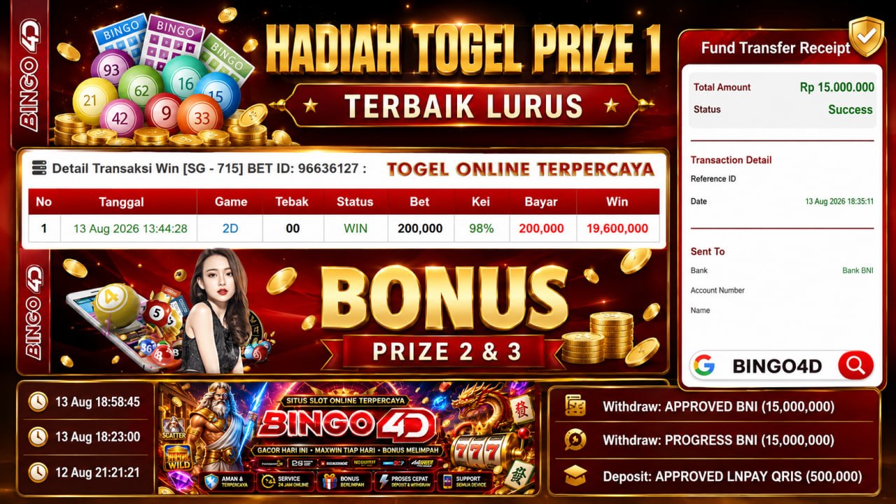 🔥 TOGEL ONLINE GACOR BINGO4D 🔥
DEPOSIT : RP 500.000
WITHDRAW : RP 15.000.000
LIN