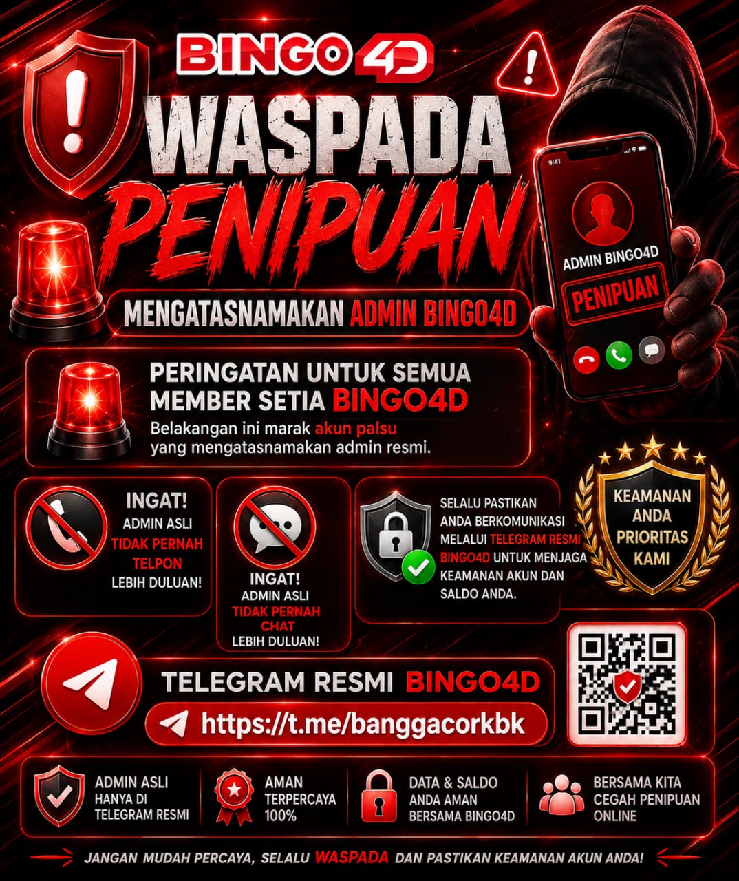 WASPADA PENIPUAN MENGATASNAMAKAN ADMIN BINGO4D
TELEGRAM RESMI BINGO4D https://t.