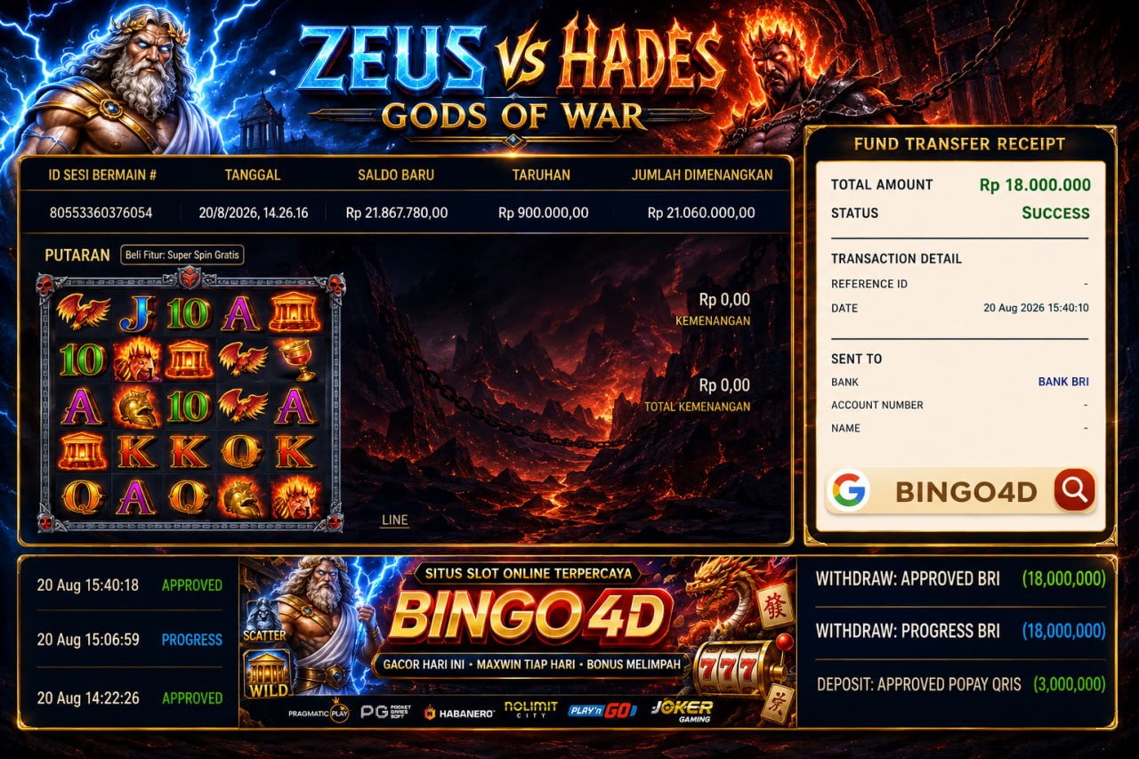 🔥 ZEUS VS BINGO4D GACOR 🔥
DEPOSIT : RP 3.000.000
WITHDRAW : RP 18.000.000
LINK D
