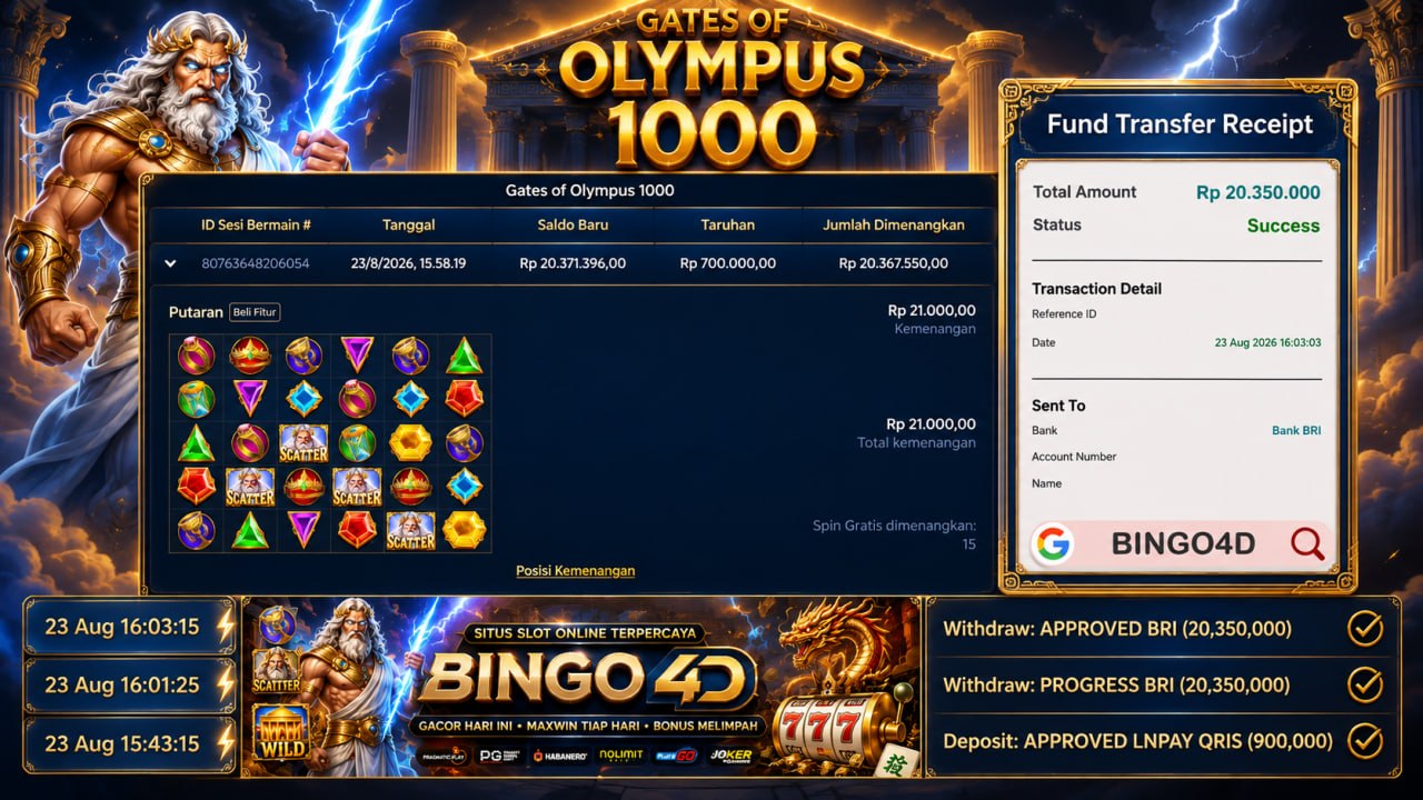 🔥 ZEUS1000 GACOR BINGO4D 🔥
DEPOSIT : RP 900.000
WITHDRAW : RP 20.350.000
LINK DA