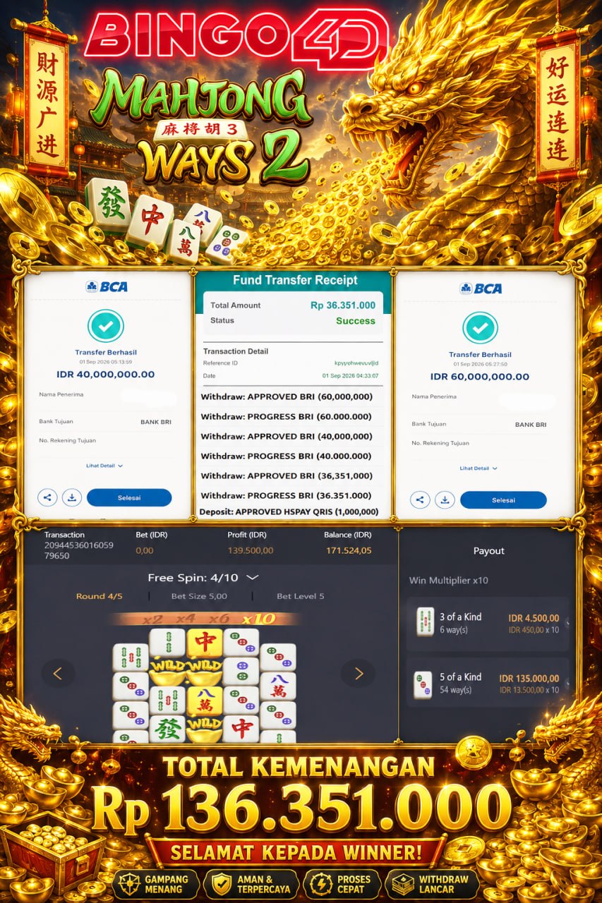 MENYALAH MAHJONG WAYS 2 BINGO4D 🔥🔥
DEPOSIT : RP 1,000,000
WITHDRAW : RP 136.351.