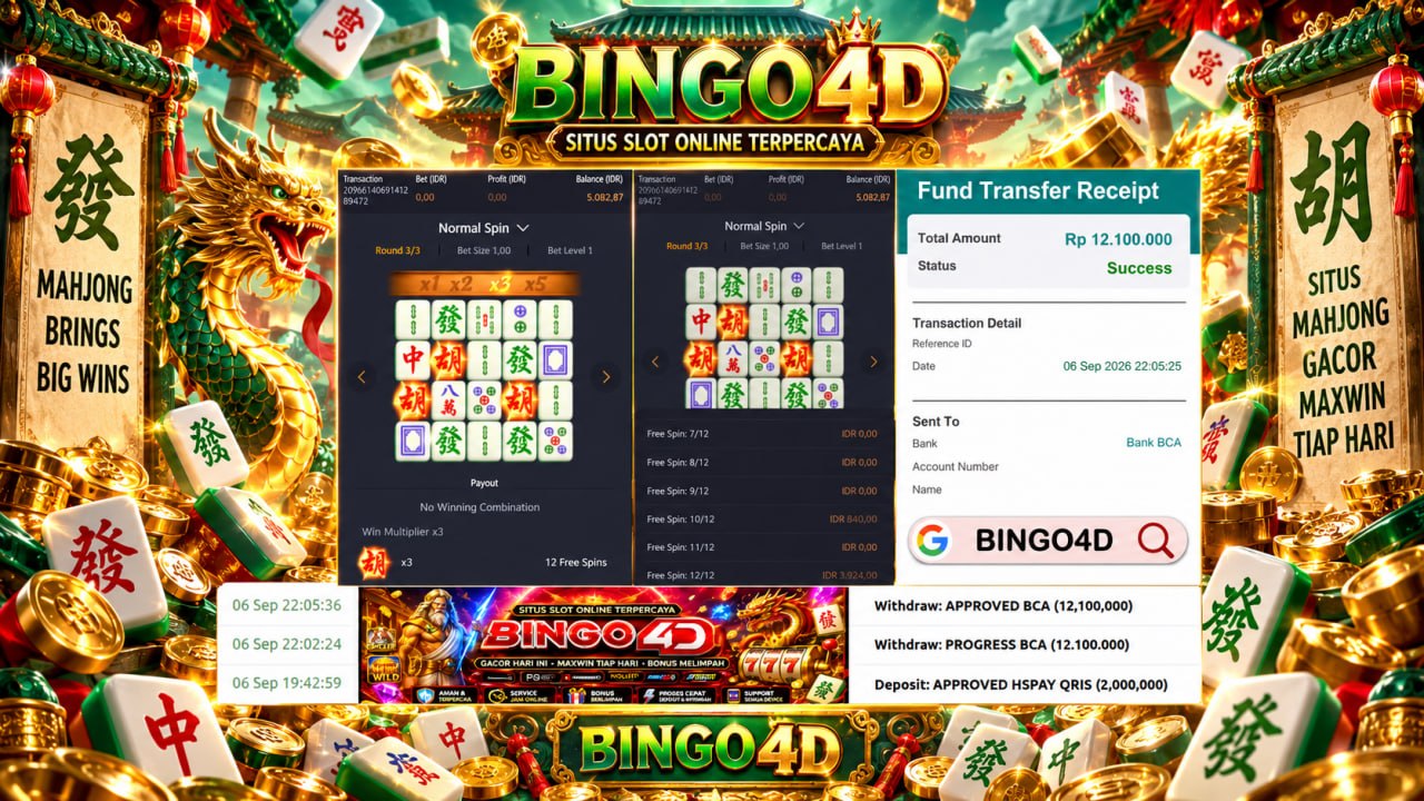 🔥 MAHJONG GACOR BINGO4D 🔥
DEPOSIT : RP 2.000.000
WITHDRAW : RP 12.100.000
LINK D